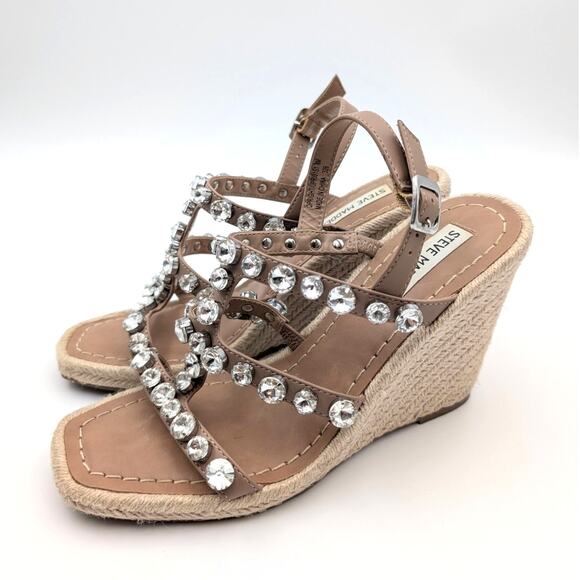 Steve Madden Upright Rhinestone Wedge Sandal Women's Tan Size US8 EU39 - Picture 1 of 10